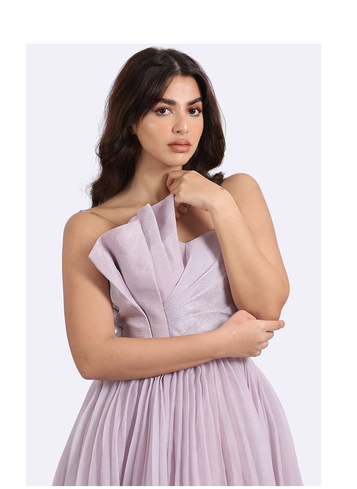 Midi Dress Evening Top With A Soft Elegant Touch Of The Pellisian Orchid Material, Decorated With Pleats On The Chest, Belted The Waist From The Bottom, A Cloche Story