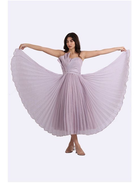 Midi Dress Evening Top With A Soft Elegant Touch Of The Pellisian Orchid Material, Decorated With Pleats On The Chest, Belted The Waist From The Bottom, A Cloche Story