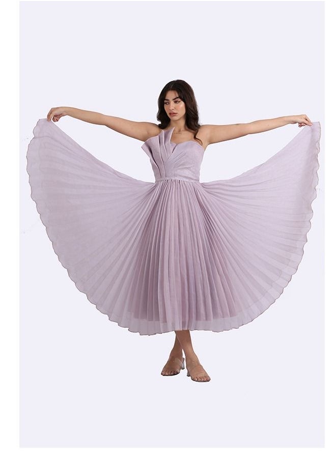 Midi Dress Evening Top With A Soft Elegant Touch Of The Pellisian Orchid Material, Decorated With Pleats On The Chest, Belted The Waist From The Bottom, A Cloche Story