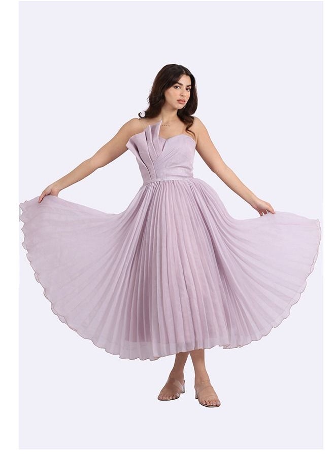Midi Dress Evening Top With A Soft Elegant Touch Of The Pellisian Orchid Material, Decorated With Pleats On The Chest, Belted The Waist From The Bottom, A Cloche Story