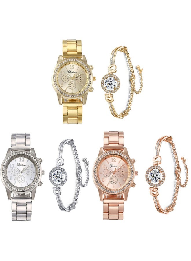 3 Pcs Elegant Diamond Watches and Bracelet Set for Women Classic Round Dial Rehinestore Bezel Analog Quartz Ladies Watches - Image 1