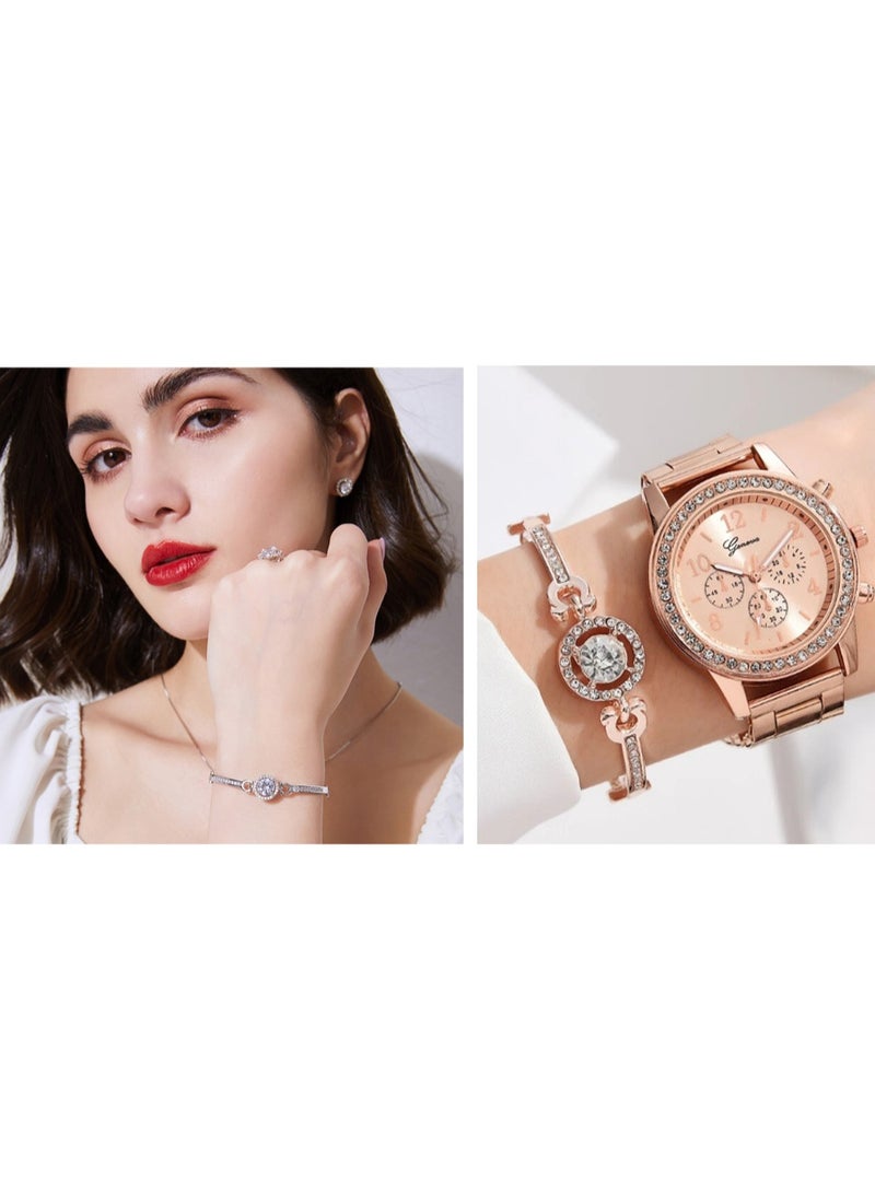 3 Pcs Elegant Diamond Watches and Bracelet Set for Women Classic Round Dial Rehinestore Bezel Analog Quartz Ladies Watches - Image 5