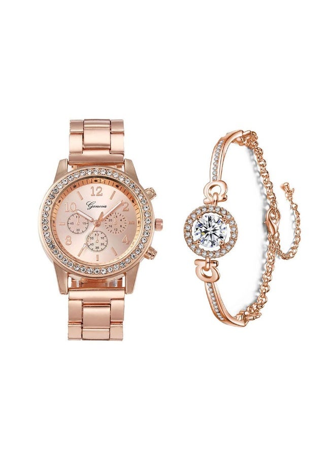 3 Pcs Elegant Diamond Watches and Bracelet Set for Women Classic Round Dial Rehinestore Bezel Analog Quartz Ladies Watches - Image 4