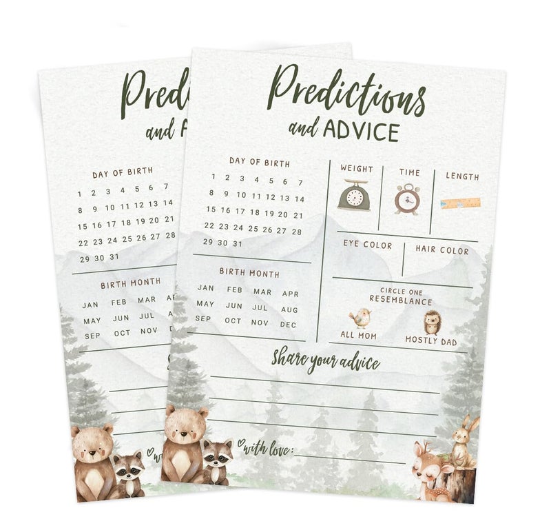 Printed Party Baby Predictions & Advice Cards â€“ Woodland Adventure Baby Shower Game, Adorable Forest Animals Theme for Boy, 30 Pack - Image 5