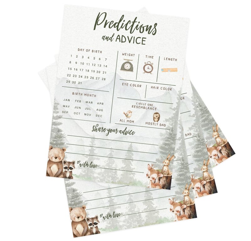 Printed Party Baby Predictions & Advice Cards â€“ Woodland Adventure Baby Shower Game, Adorable Forest Animals Theme for Boy, 30 Pack - Image 4