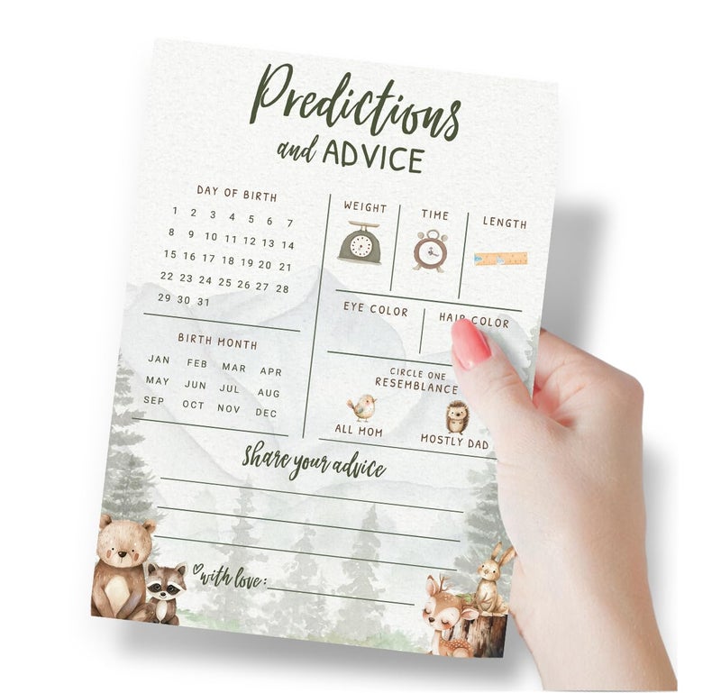 Printed Party Baby Predictions & Advice Cards â€“ Woodland Adventure Baby Shower Game, Adorable Forest Animals Theme for Boy, 30 Pack - Image 3
