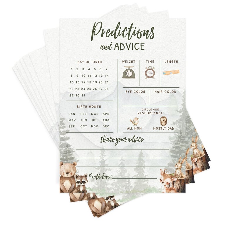Printed Party Baby Predictions & Advice Cards â€“ Woodland Adventure Baby Shower Game, Adorable Forest Animals Theme for Boy, 30 Pack - Image 1