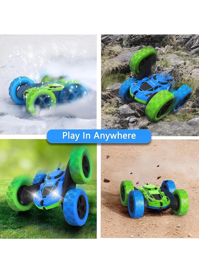 Taizz Ventures RC Stunt Car for Kids Ages 3-12, 360° Rotating Double Sided 4WD RC Car with Headlights, Rechargeable Electric Racing Toy with 2 Batteries, Outdoor Off-Road Toy for Boys and Girls - Blue/Green  - Image 5