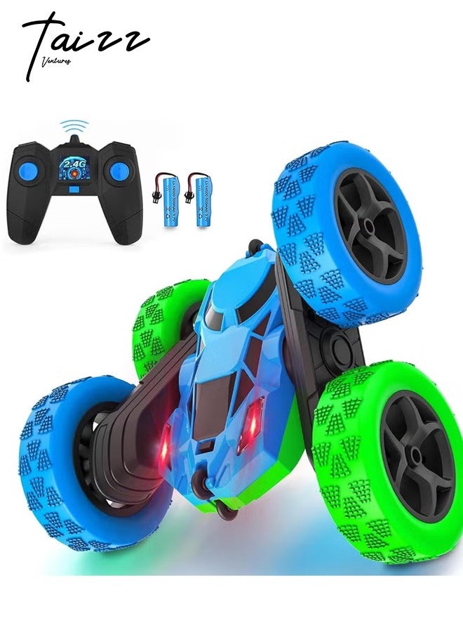 Taizz Ventures RC Stunt Car for Kids Ages 3-12, 360° Rotating Double Sided 4WD RC Car with Headlights, Rechargeable Electric Racing Toy with 2 Batteries, Outdoor Off-Road Toy for Boys and Girls - Blue/Green  - Image 1