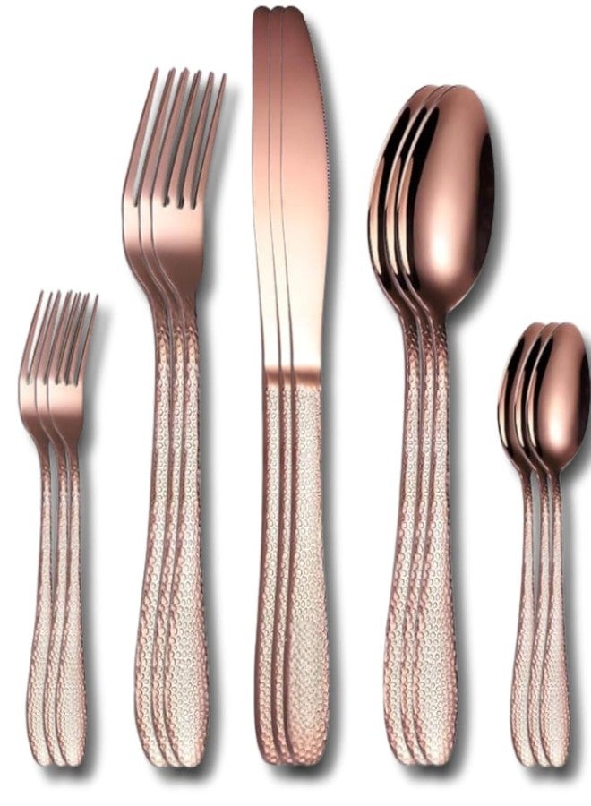 Eletree Stainless Steel Flatware Set | Hammered Handle Cutlery with Salad Forks Dinner Forks Tea Spoons Dinner Spoons and Knives | Dishwasher Safe Tableware for Home and Restaurant (15, Rosegold) - Image 1
