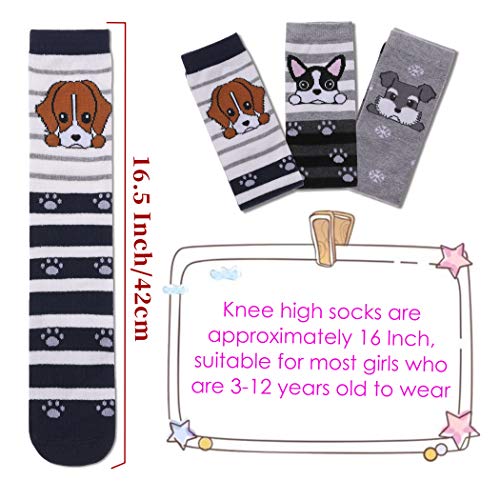 FNOVCO Girls Knee High Socks Kids Crazy Fun Gift Cute Animal Patterns Cotton Long Socks 3 Pairs (Dog) - Image 2