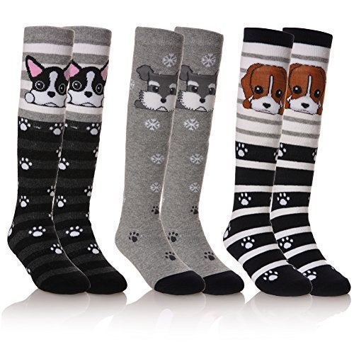 FNOVCO Girls Knee High Socks Kids Crazy Fun Gift Cute Animal Patterns Cotton Long Socks 3 Pairs (Dog) - Image 1