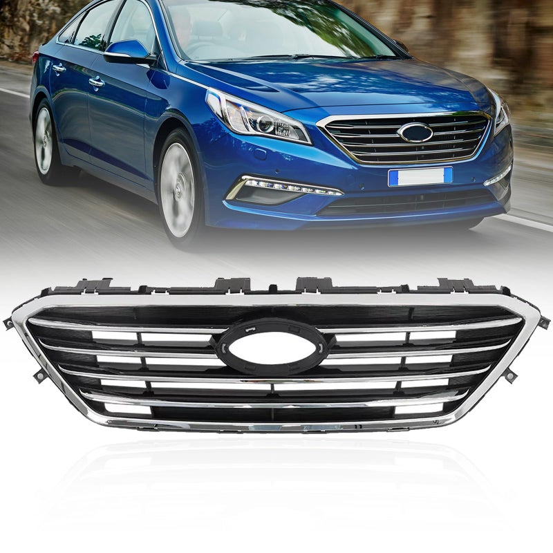 MATMACRO Front Bumper Chrome Black Upper Grille Compatible for 2015 2016 2017 Hyundai Sonata Factory Style Grille
