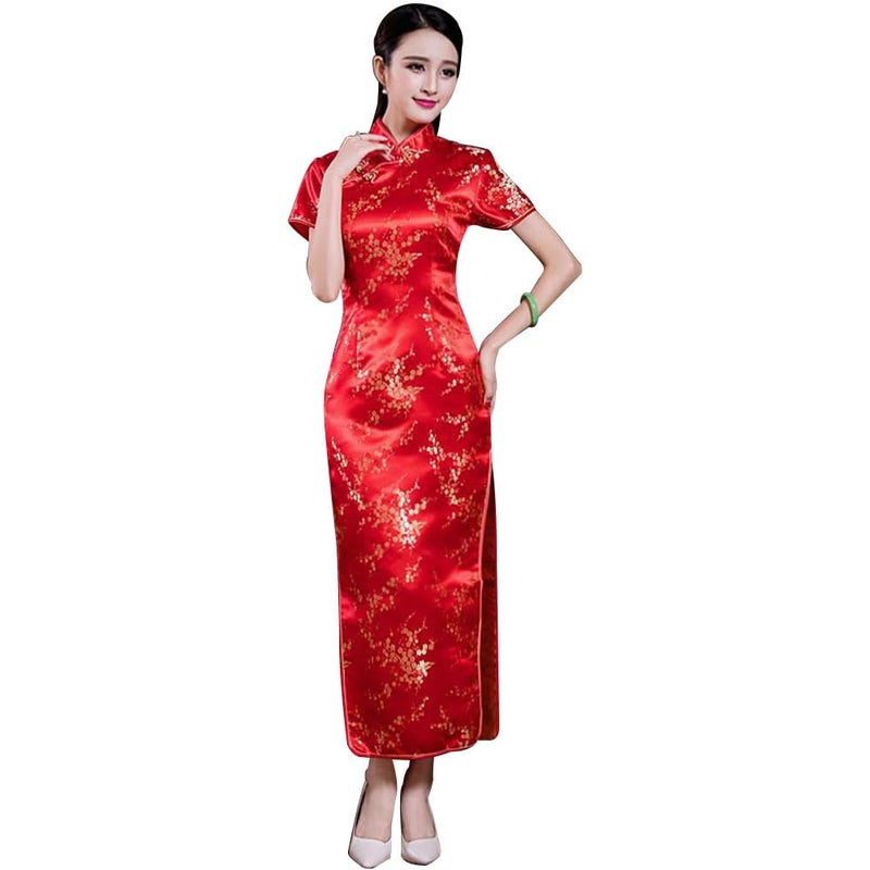 STIOEDYUAN Women Cheongsam Long Dress Evening Short Sleeve Slim Fit Maxi Dress Floral Faux Silk Stand Collar Bodycon Qipao (Medium, Red Flower) - Image 5