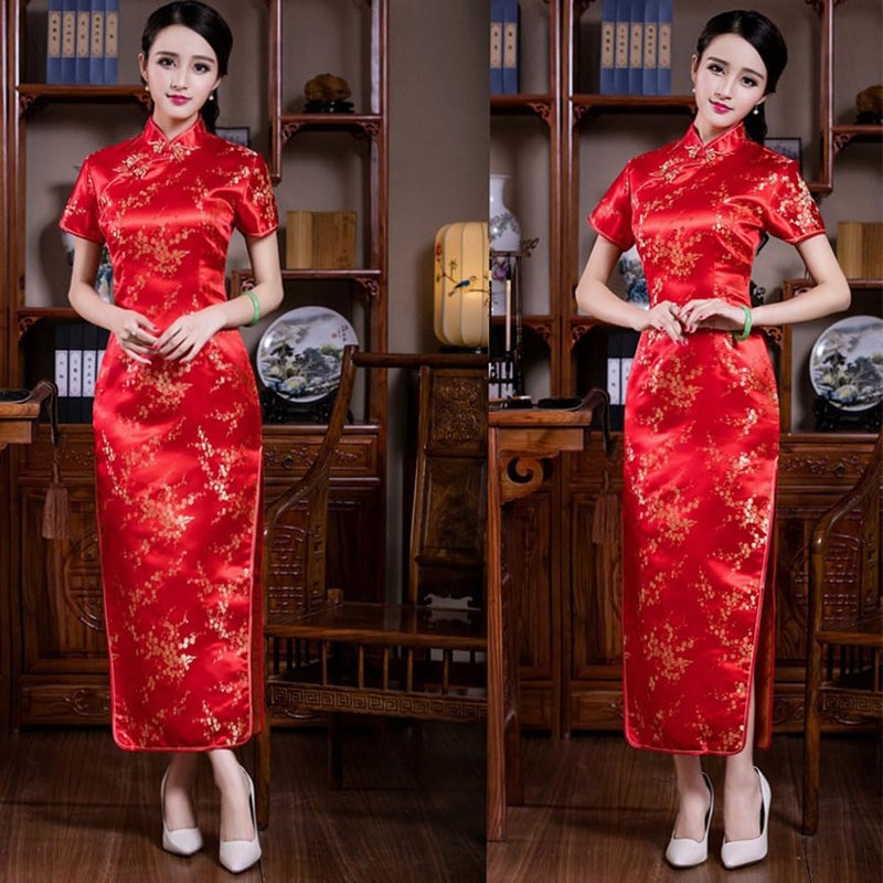 STIOEDYUAN Women Cheongsam Long Dress Evening Short Sleeve Slim Fit Maxi Dress Floral Faux Silk Stand Collar Bodycon Qipao (Medium, Red Flower) - Image 4