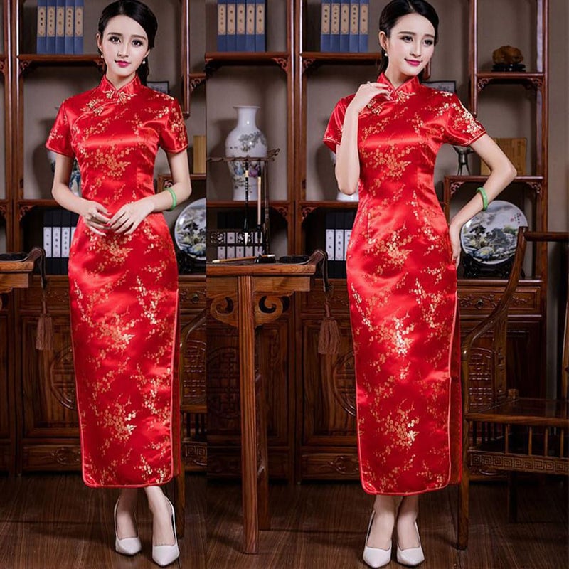 STIOEDYUAN Women Cheongsam Long Dress Evening Short Sleeve Slim Fit Maxi Dress Floral Faux Silk Stand Collar Bodycon Qipao (Medium, Red Flower) - Image 3