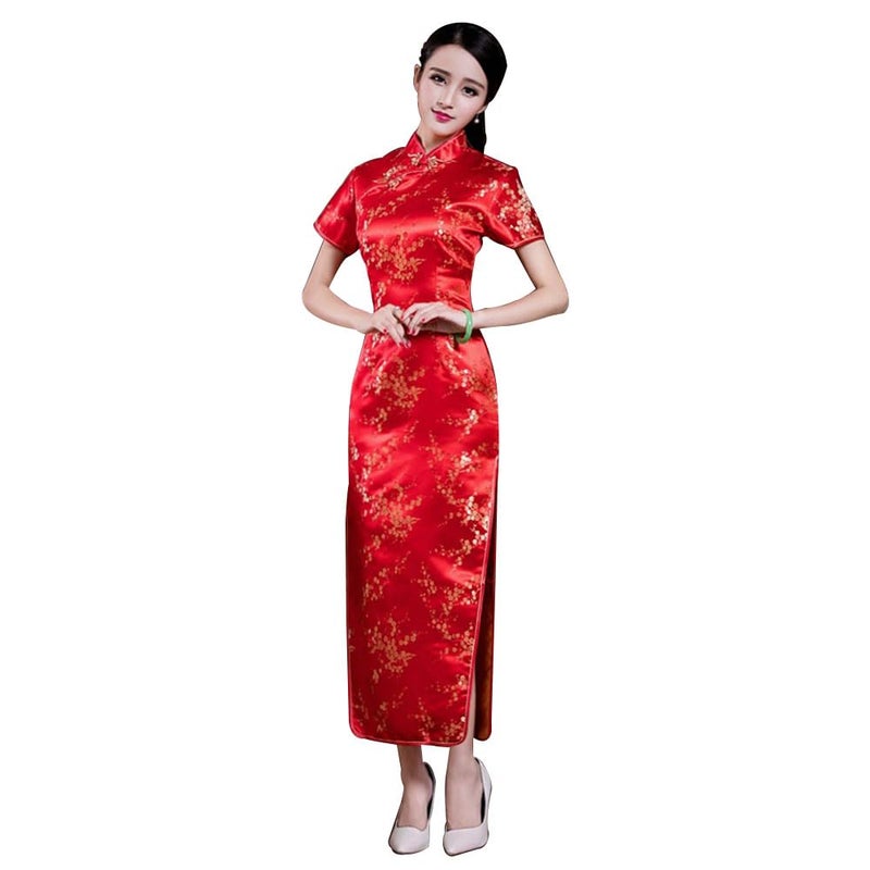 STIOEDYUAN Women Cheongsam Long Dress Evening Short Sleeve Slim Fit Maxi Dress Floral Faux Silk Stand Collar Bodycon Qipao (Medium, Red Flower) - Image 2