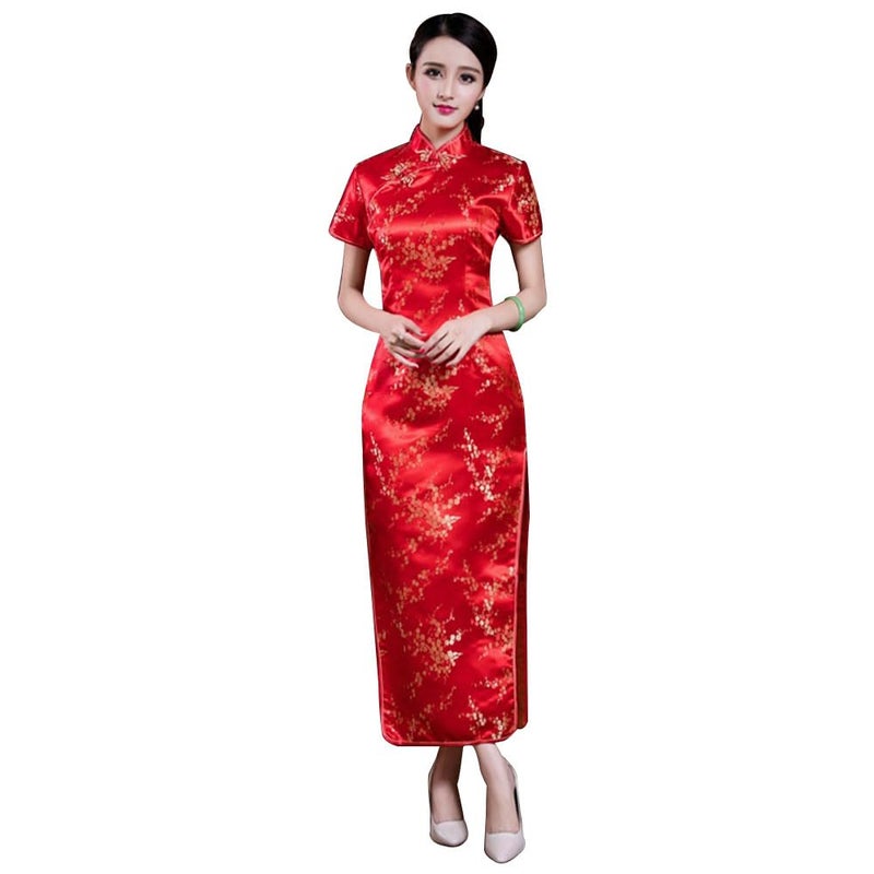 STIOEDYUAN Women Cheongsam Long Dress Evening Short Sleeve Slim Fit Maxi Dress Floral Faux Silk Stand Collar Bodycon Qipao (Medium, Red Flower) - Image 1