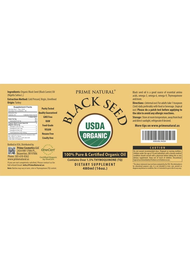 PRIME NATURAL Organic Black Seed Oil 16oz - Cold Pressed Unrefined High Thymoquinone 1.7% USDA Certified - Turkish Origin Potent Nigella Sativa Liquid - Vegan Omega 3 6 9, Antioxidant - Image 4