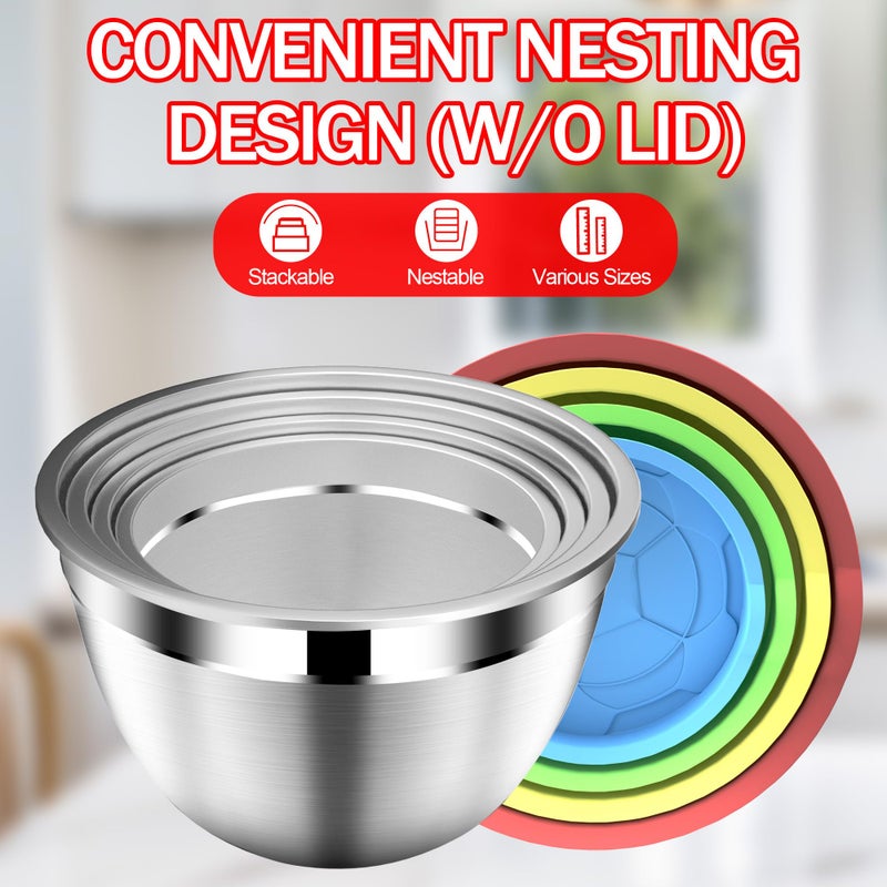 DUTZUN Mixing Bowls with Strainer, Mixing Bowl with Lids Set, Stainless Steel Mixing Bowls, Kitchen Gadgets Salad Bowls with Strainer for Mixing & Preping & Serving, Multicolor - Image 4