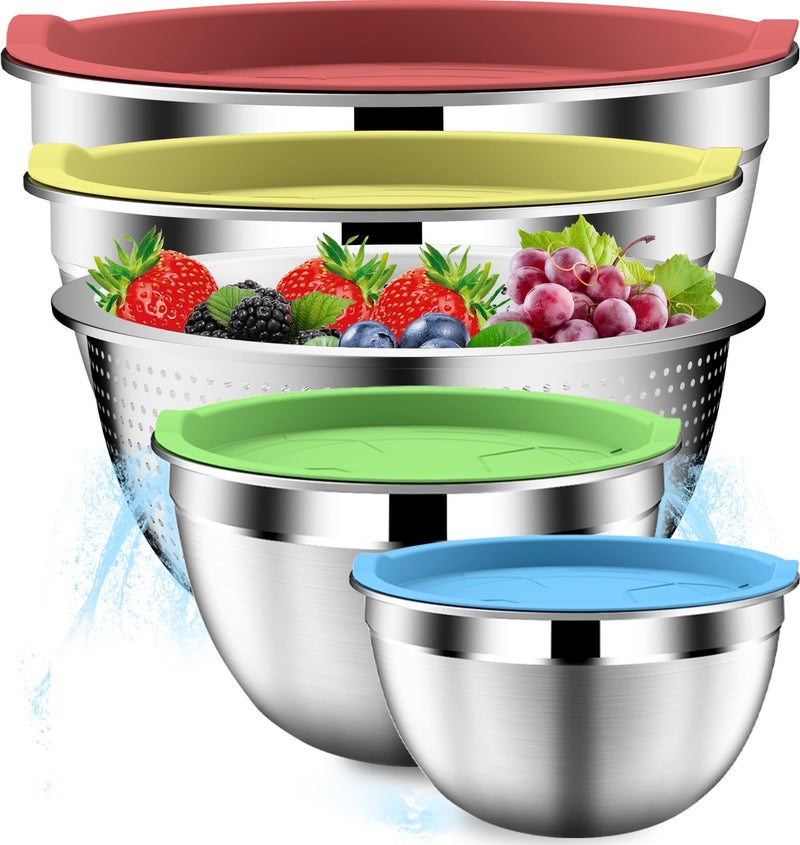 DUTZUN Mixing Bowls with Strainer, Mixing Bowl with Lids Set, Stainless Steel Mixing Bowls, Kitchen Gadgets Salad Bowls with Strainer for Mixing & Preping & Serving, Multicolor - Image 1