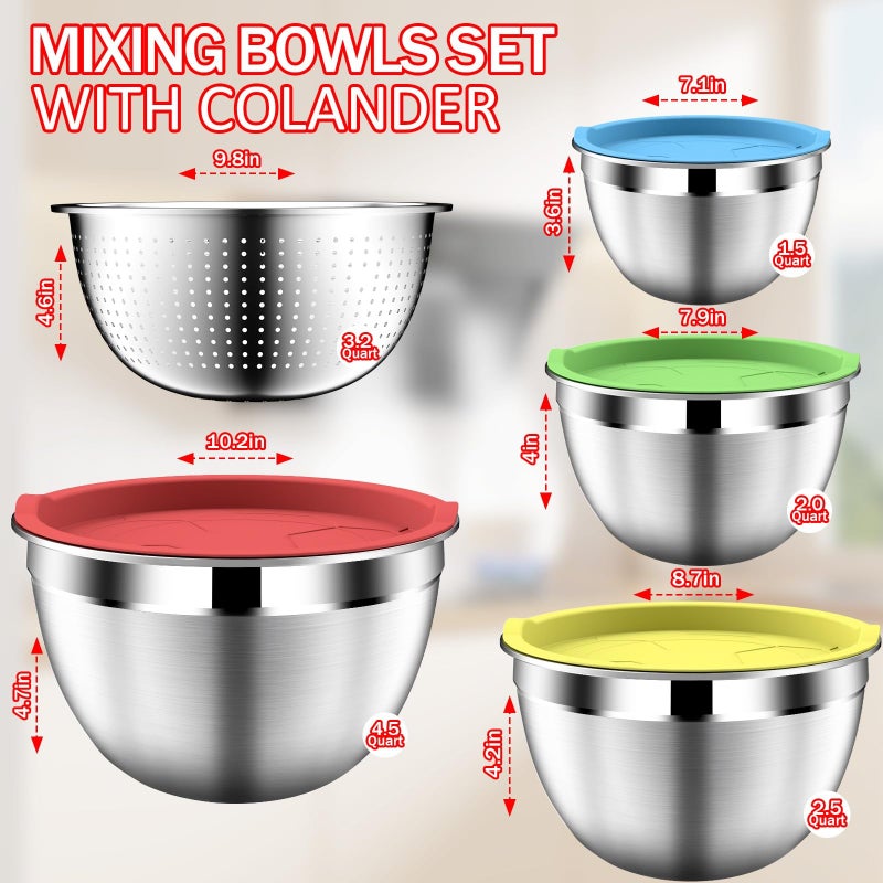 DUTZUN Mixing Bowls with Strainer, Mixing Bowl with Lids Set, Stainless Steel Mixing Bowls, Kitchen Gadgets Salad Bowls with Strainer for Mixing & Preping & Serving, Multicolor - Image 2