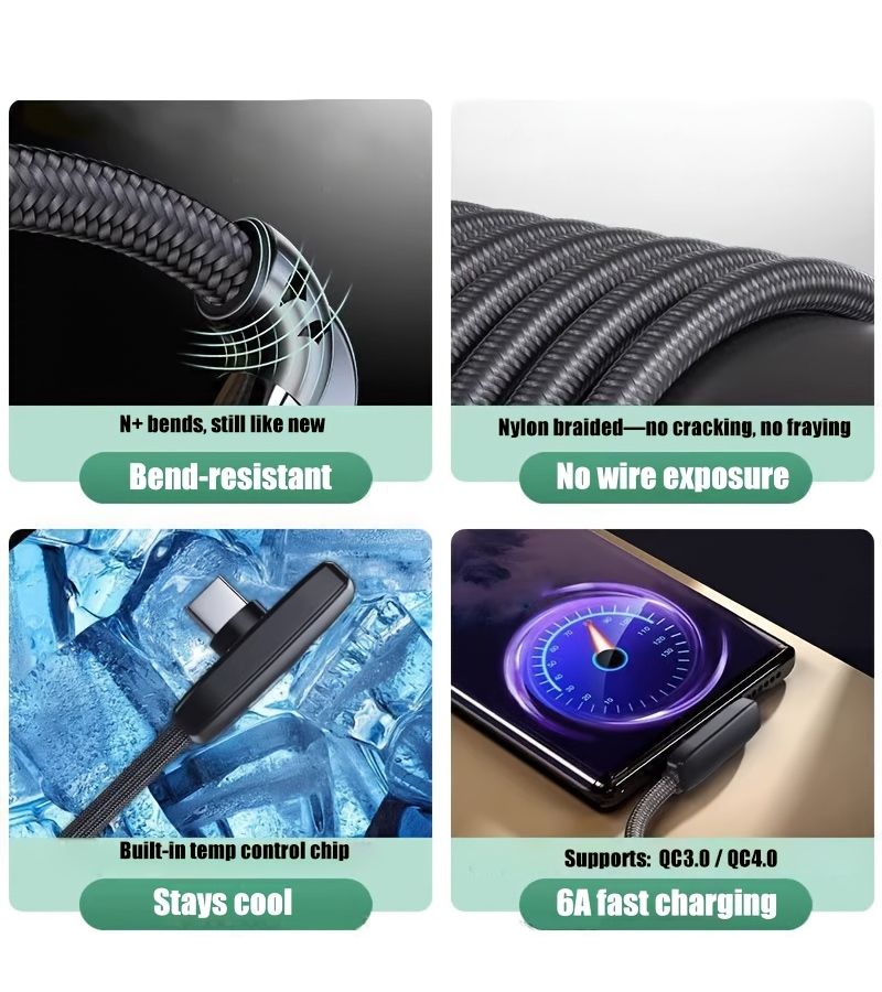 PD120W Max Fast Charging Cable 6A Fabric Braided USB C Data Cable 6.6FT Elbow Type C Fast Charging Cord Compatible with iPhone 16 15 Pro iPad MacBook Samsung Xiaomi Huawei - Image 5