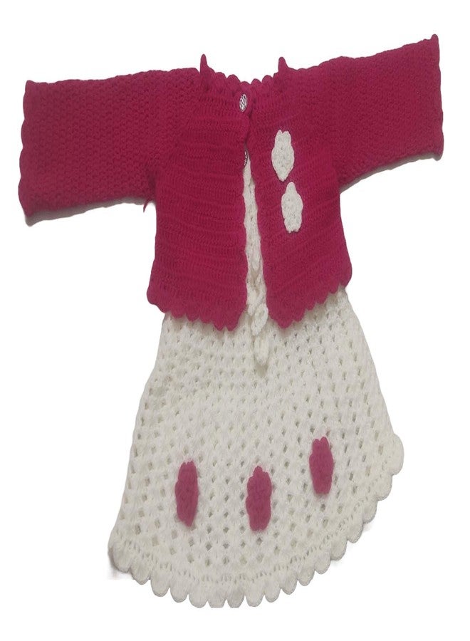 Cute Collection Hand Knitted Woolen Frock with Shrug Cum Round Neck Sweater for 6 to 9 Months Baby Girls (Color, Red & White) - Image 1