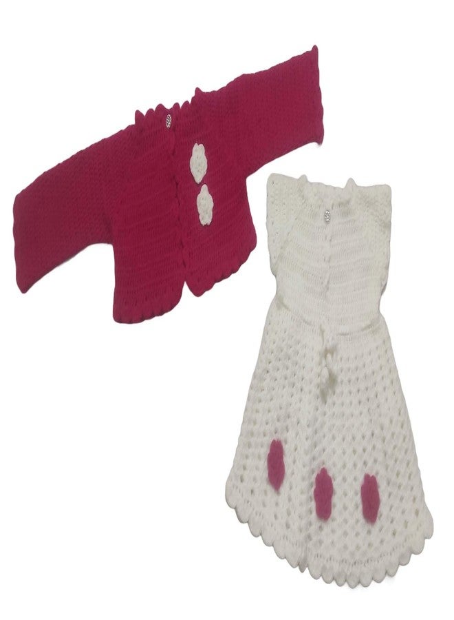 Cute Collection Hand Knitted Woolen Frock with Shrug Cum Round Neck Sweater for 6 to 9 Months Baby Girls (Color, Red & White) - Image 2
