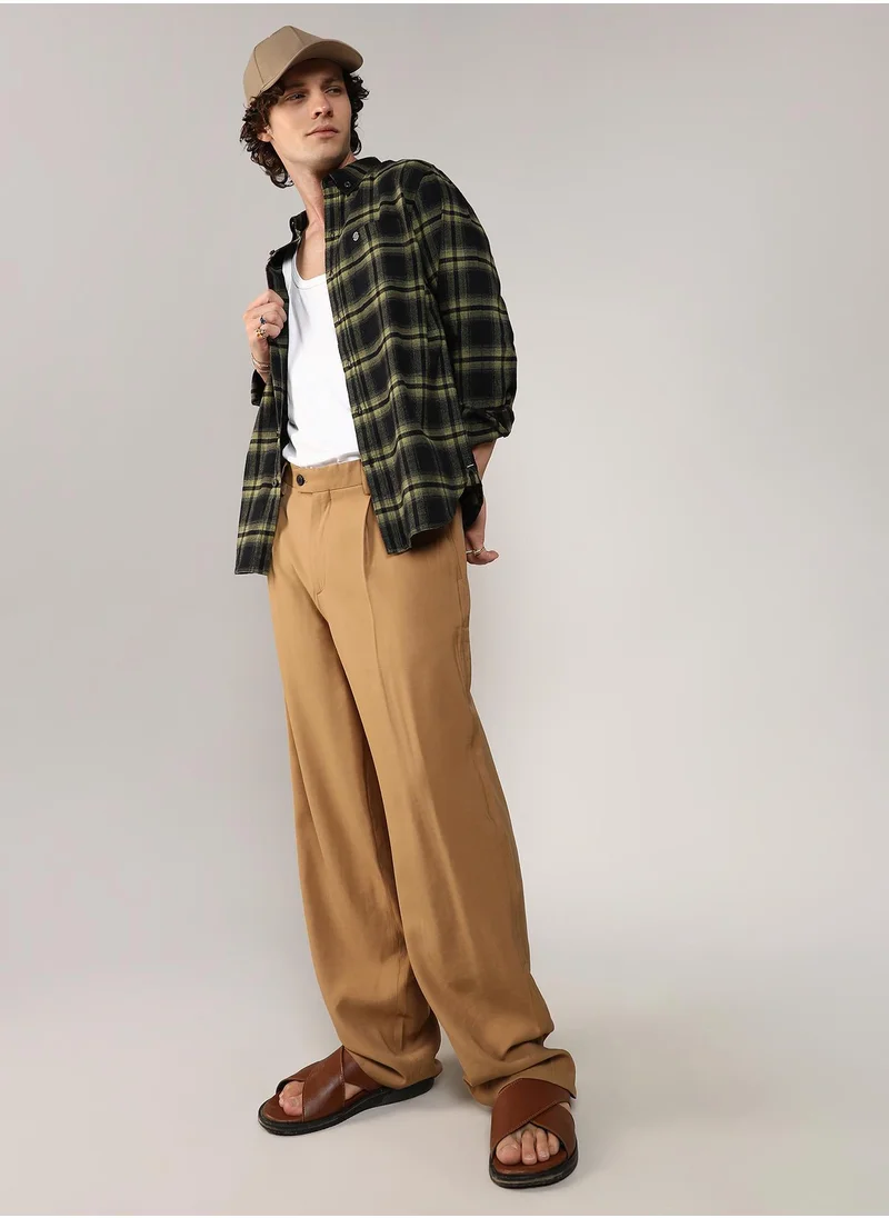 Campus Sutra Men's Midnight Black & Sage Green Brushed Buffalo Check Shirt
