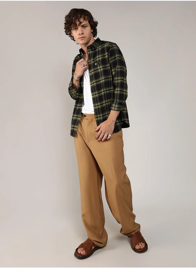 Campus Sutra Men's Midnight Black & Sage Green Brushed Buffalo Check Shirt