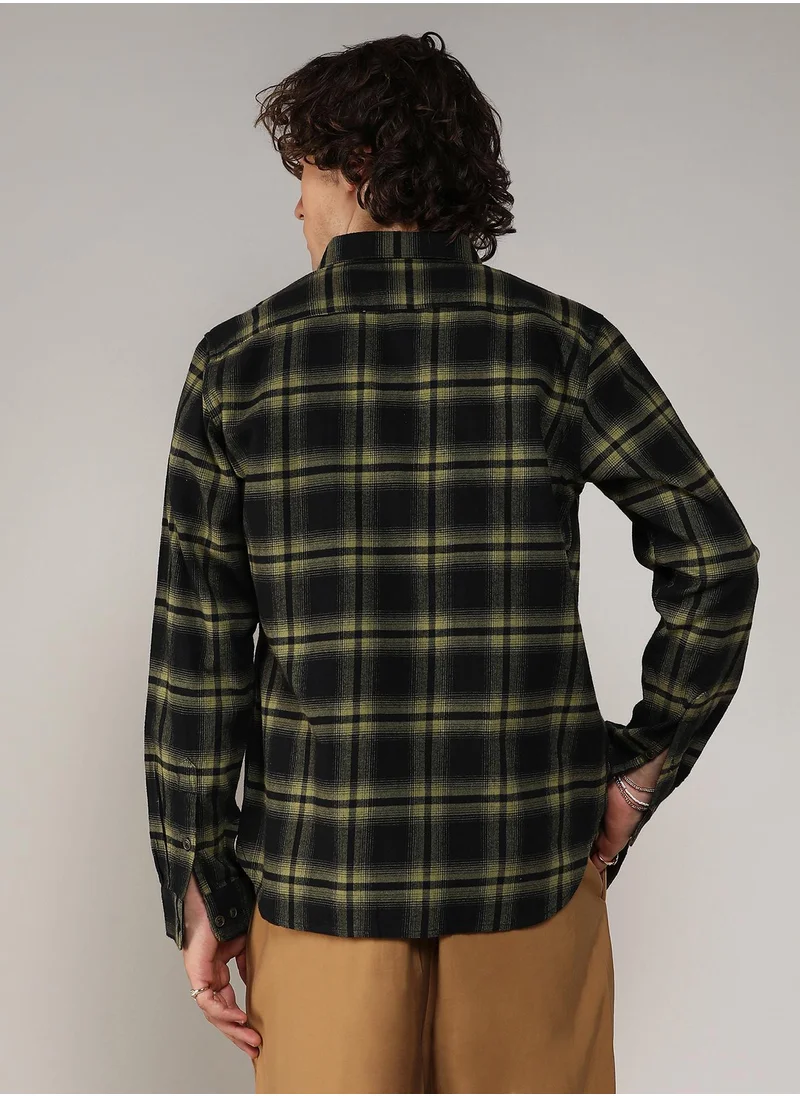 Campus Sutra Men's Midnight Black & Sage Green Brushed Buffalo Check Shirt
