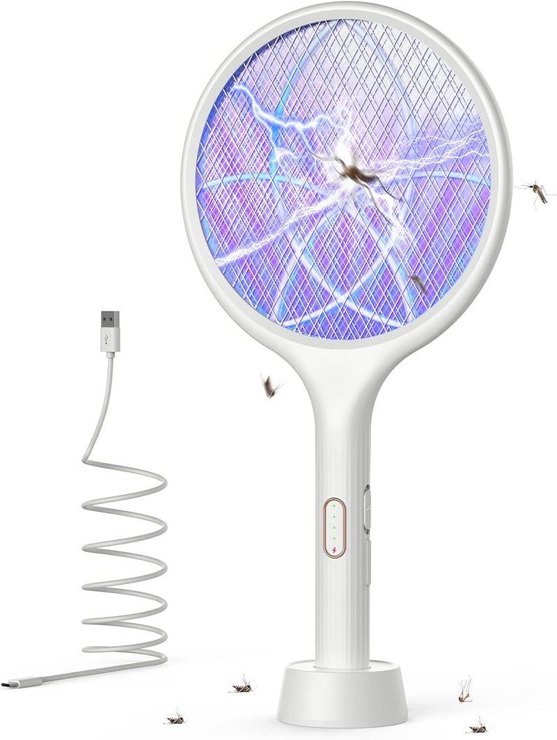 YISSVIC Electric Insect Racket, Rechargeable 4000 V Electric Mosquito Racket 1500 mAh with Stable Base Against Mosquitoes, Flies, Insects, White - Image 1