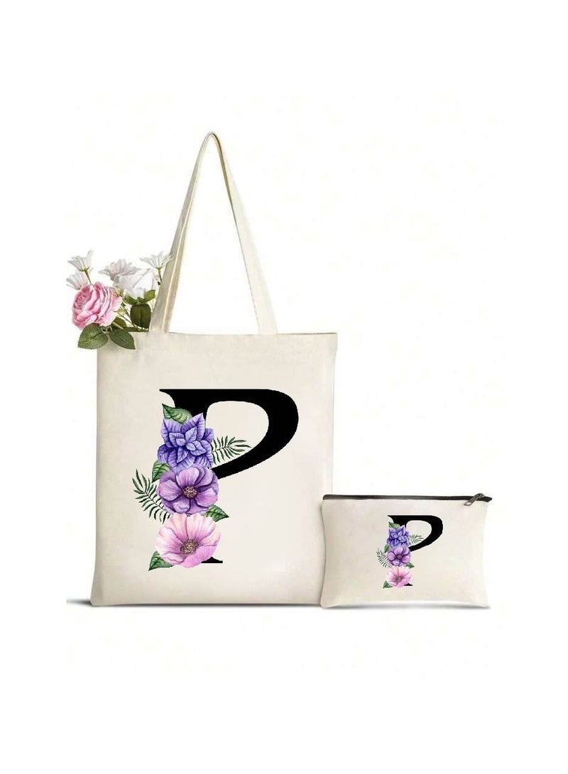 PRINTSHOP4ME Initial Monogrammed Canvas Tote Bag And Matching Makeup Bag Set-Thoughtful Gifts For Women,Teachers,College Students,Bridesmaids,Reusable Grocery Bags,Wedding,Holiday And Travel  - Image 1