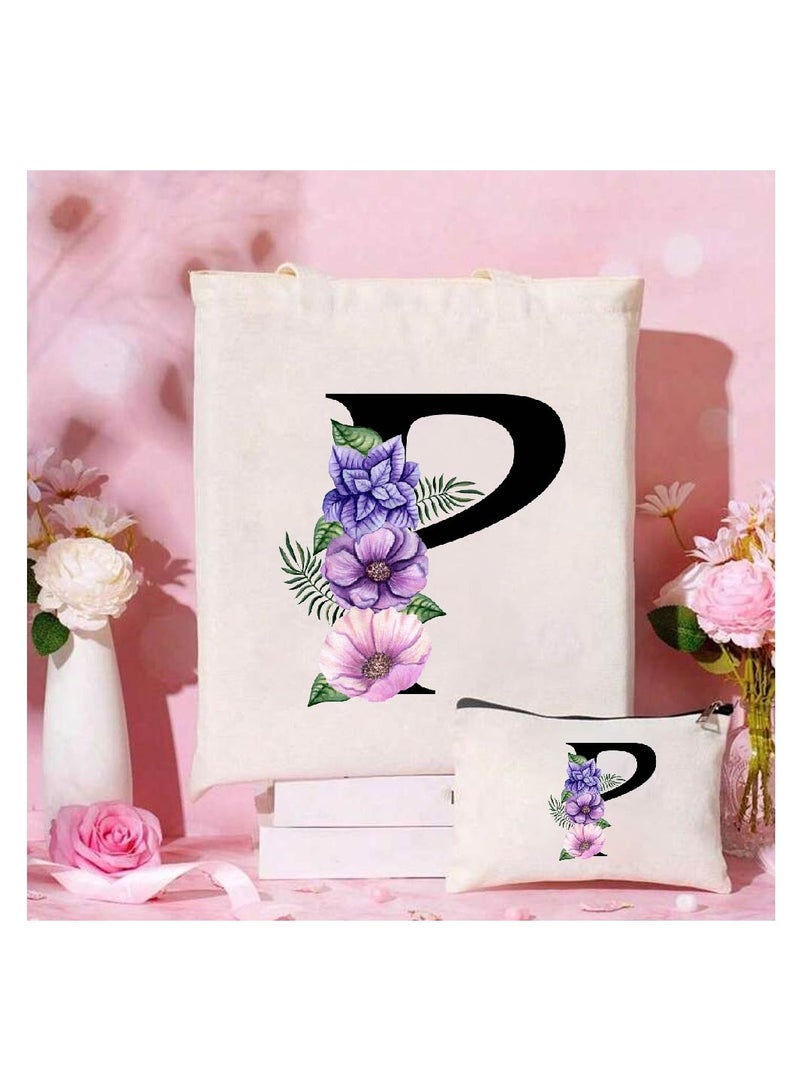 PRINTSHOP4ME Initial Monogrammed Canvas Tote Bag And Matching Makeup Bag Set-Thoughtful Gifts For Women,Teachers,College Students,Bridesmaids,Reusable Grocery Bags,Wedding,Holiday And Travel  - Image 2