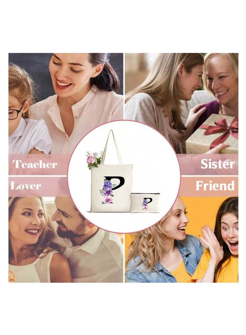 PRINTSHOP4ME Initial Monogrammed Canvas Tote Bag And Matching Makeup Bag Set-Thoughtful Gifts For Women,Teachers,College Students,Bridesmaids,Reusable Grocery Bags,Wedding,Holiday And Travel  - Image 4