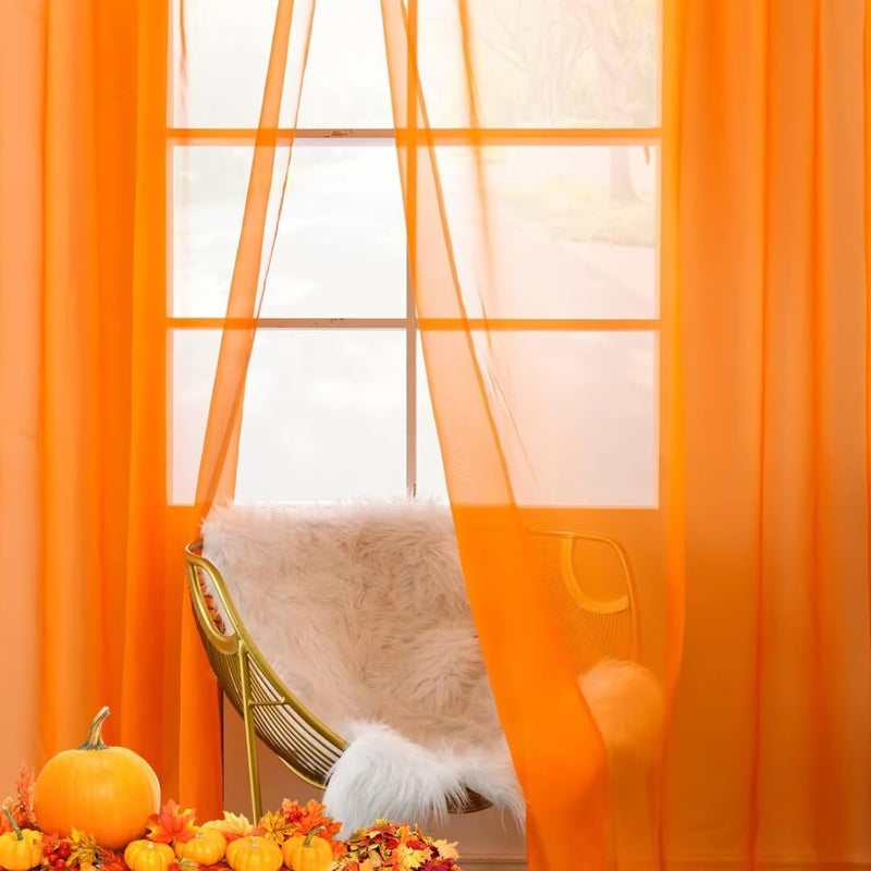 youleyar الصلبة القضيب القضيب الستار Voile Draperies 2 لوحات بيضاء بيج برتقالي رمادي القهوة 60 بوصة طول 108 بوصة 1 زوج 1 زوج لغرفة نوم المطبخ ساحة غرفة المعيشة (برتقالي 60wx108l) - Image 4