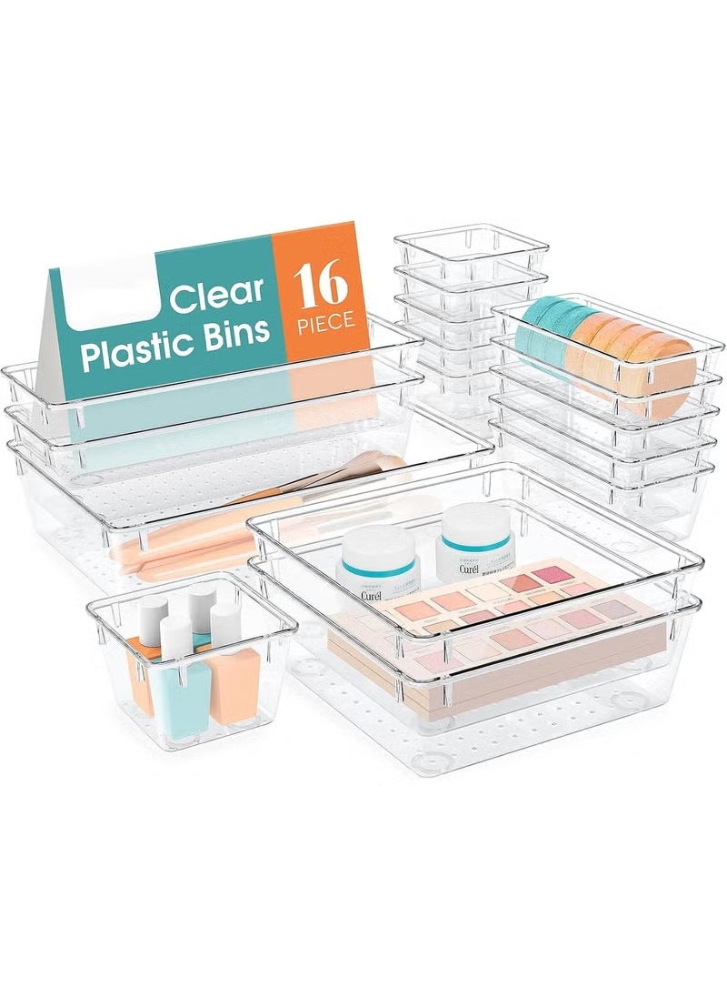 Arabest 16 PCS Clear Drawer Organizer Set, Non-Slip Drawer Organizers, 5-Size Desk Drawer Organizer Trays Storage Tray for Makeup, Jewelries, Utensils in Bedroom Dresser, Office and Kitchen  - Image 1
