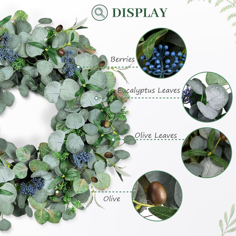 colorspec Eucalyptus Wreath for Front Door, COLORSPEC 24 Inch Eucalyptus Wreath with Olive Leaves and Berries All Year Round, Handmade Green Spring Summer Wreaths for Front Door Indoor Outdoor Wedding Holiday - Image 3