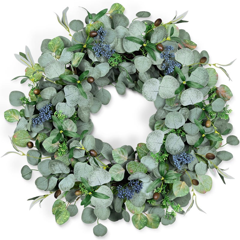 colorspec Eucalyptus Wreath for Front Door, COLORSPEC 24 Inch Eucalyptus Wreath with Olive Leaves and Berries All Year Round, Handmade Green Spring Summer Wreaths for Front Door Indoor Outdoor Wedding Holiday - Image 1