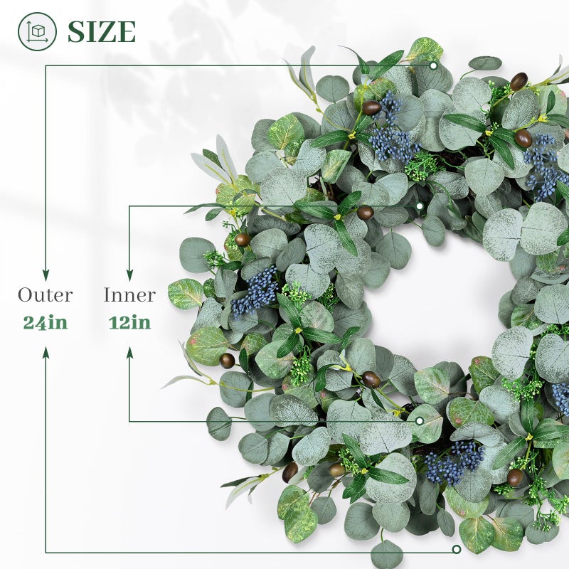 colorspec Eucalyptus Wreath for Front Door, COLORSPEC 24 Inch Eucalyptus Wreath with Olive Leaves and Berries All Year Round, Handmade Green Spring Summer Wreaths for Front Door Indoor Outdoor Wedding Holiday - Image 2