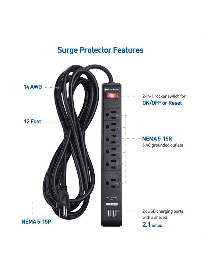 Cable Matters [ETL Listed] Cable Matters 2-Pack 6-Outlet Surge Protector Power Strip with USB Ports, 12 ft, Long Extension Cord, Surge Protector with USB Ports in Black - Image 2