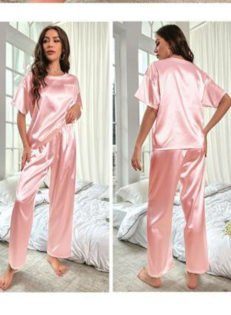 Loquat Women's Solid Color 2-Piece Set Nightgown Sleepwear Short Sleeve Top And Pants Soft Loungewear Pajamas  Suit Pink  - Image 2