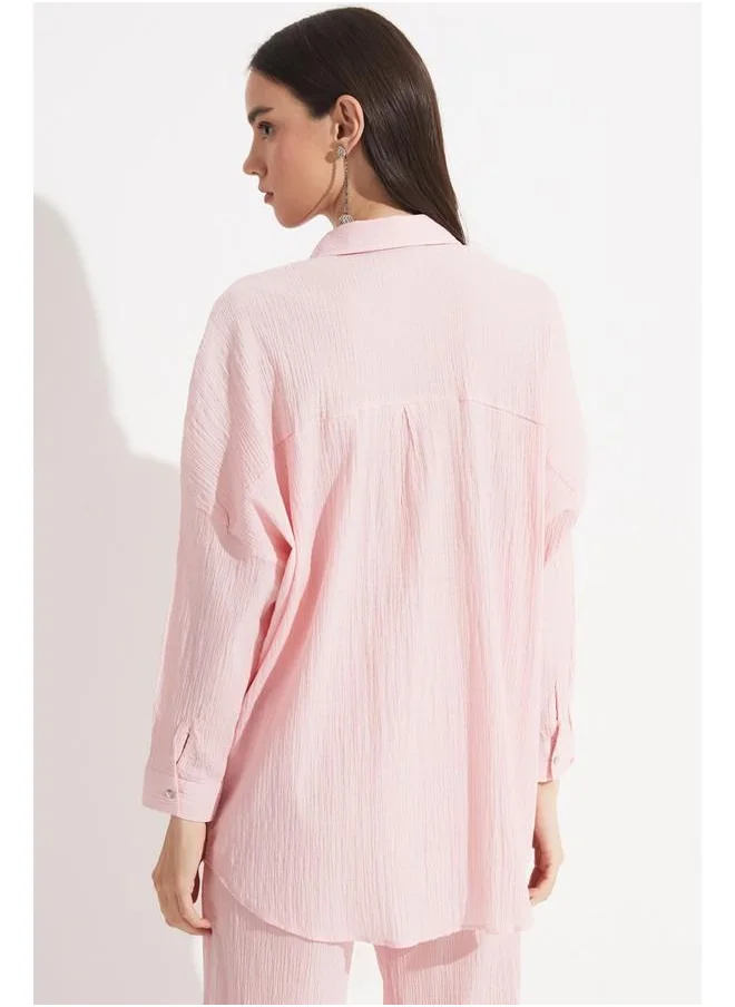 JUNE June Women Exclusive Boyfriend/Wide Fit Cotton Woven Shirt Powder