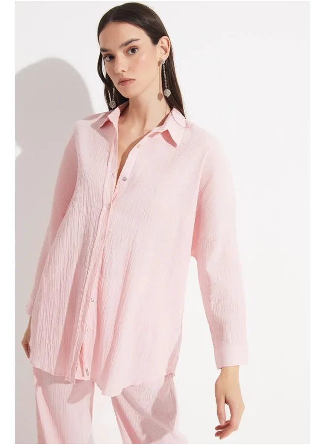 JUNE June Women Exclusive Boyfriend/Wide Fit Cotton Woven Shirt Powder