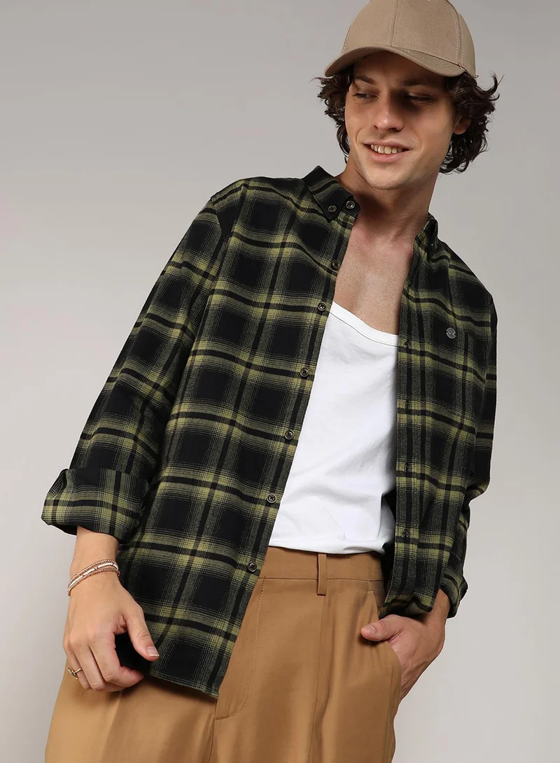 Campus Sutra Men's Midnight Black & Sage Green Brushed Buffalo Check ShirtFor Casual Wear | Spread Collar | Long Sleeve | Button Closure | Shirt Crafted With Comfort Fit For Everyday Wear