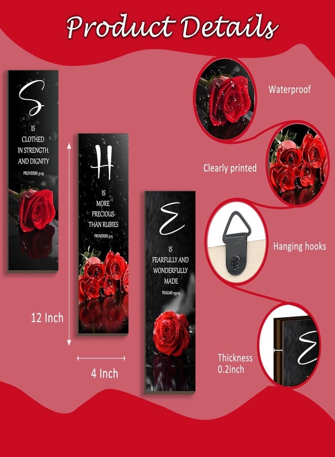 DONFENTHY 3 Pcs Red Bedroom Decor Red Rose Wooden Wall Decor Red Bathroom Decor Inspirational Farmhouse Office Decor With SHE Bible Words Signs For Women Girl Bedroom Home Decor(Red 12x4Inch) - Image 4