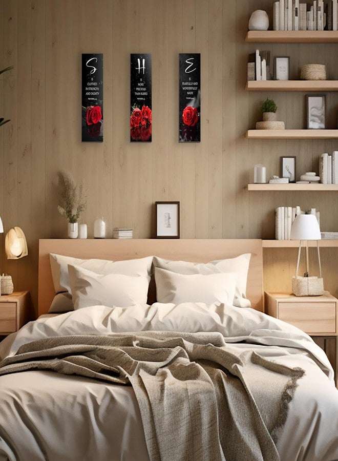 DONFENTHY 3 Pcs Red Bedroom Decor Red Rose Wooden Wall Decor Red Bathroom Decor Inspirational Farmhouse Office Decor With SHE Bible Words Signs For Women Girl Bedroom Home Decor(Red 12x4Inch) - Image 5