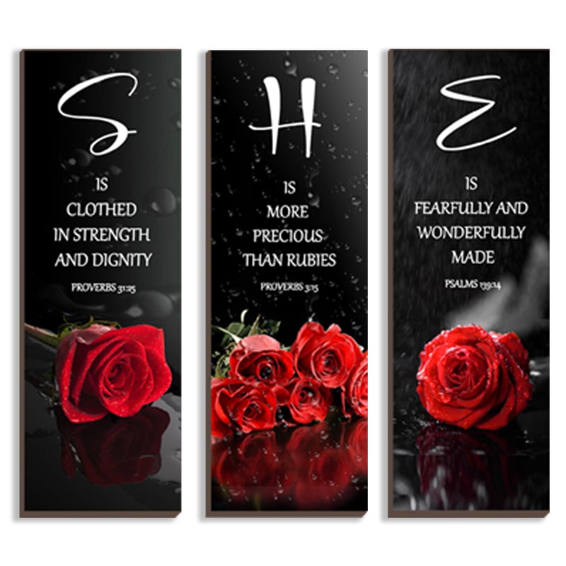 DONFENTHY 3 Pcs Red Bedroom Decor Red Rose Wooden Wall Decor Red Bathroom Decor Inspirational Farmhouse Office Decor With SHE Bible Words Signs For Women Girl Bedroom Home Decor(Red 12x4Inch) - Image 1