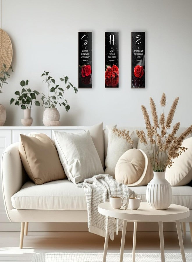 DONFENTHY 3 Pcs Red Bedroom Decor Red Rose Wooden Wall Decor Red Bathroom Decor Inspirational Farmhouse Office Decor With SHE Bible Words Signs For Women Girl Bedroom Home Decor(Red 12x4Inch) - Image 2